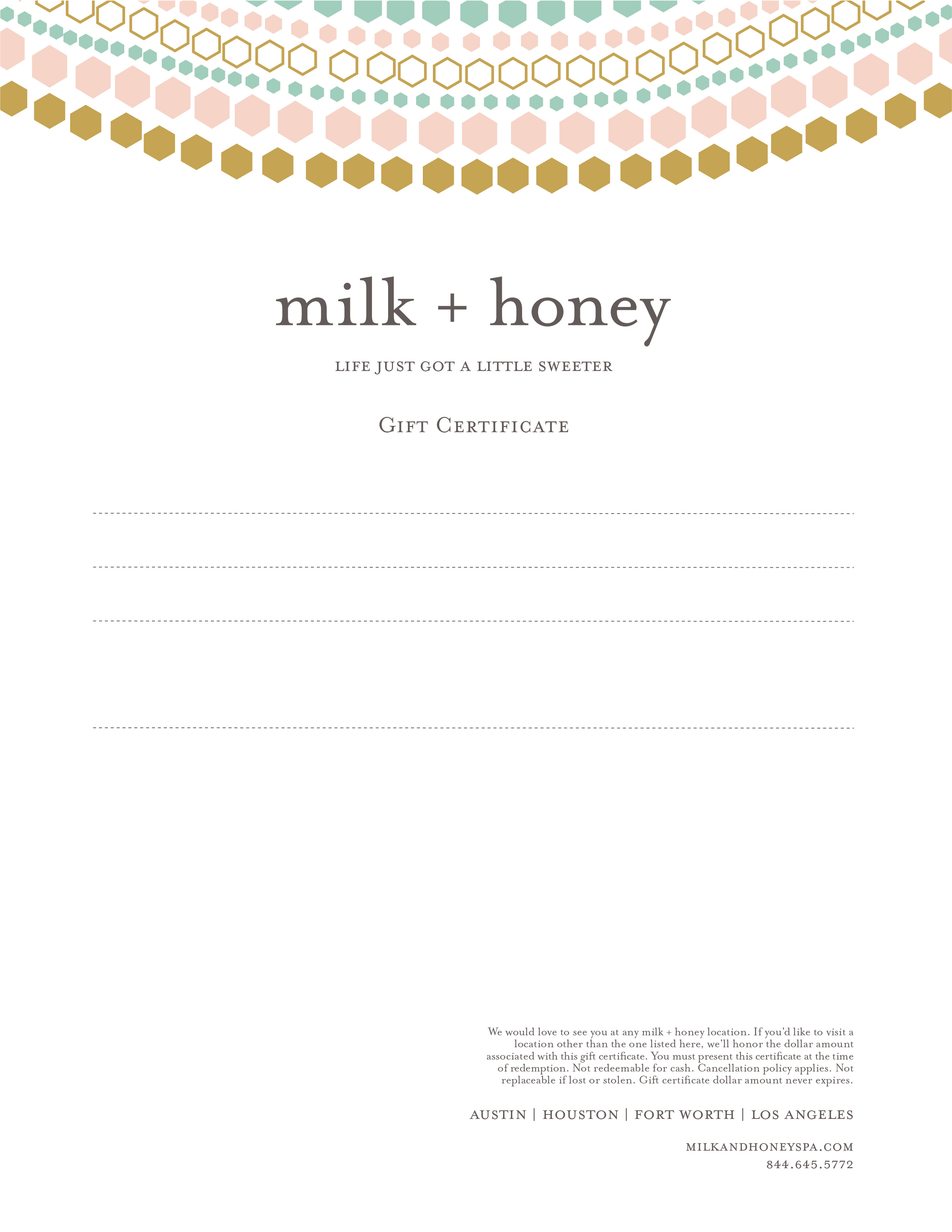 milk + honey Fort Worth Clearfork > Gift Certificate